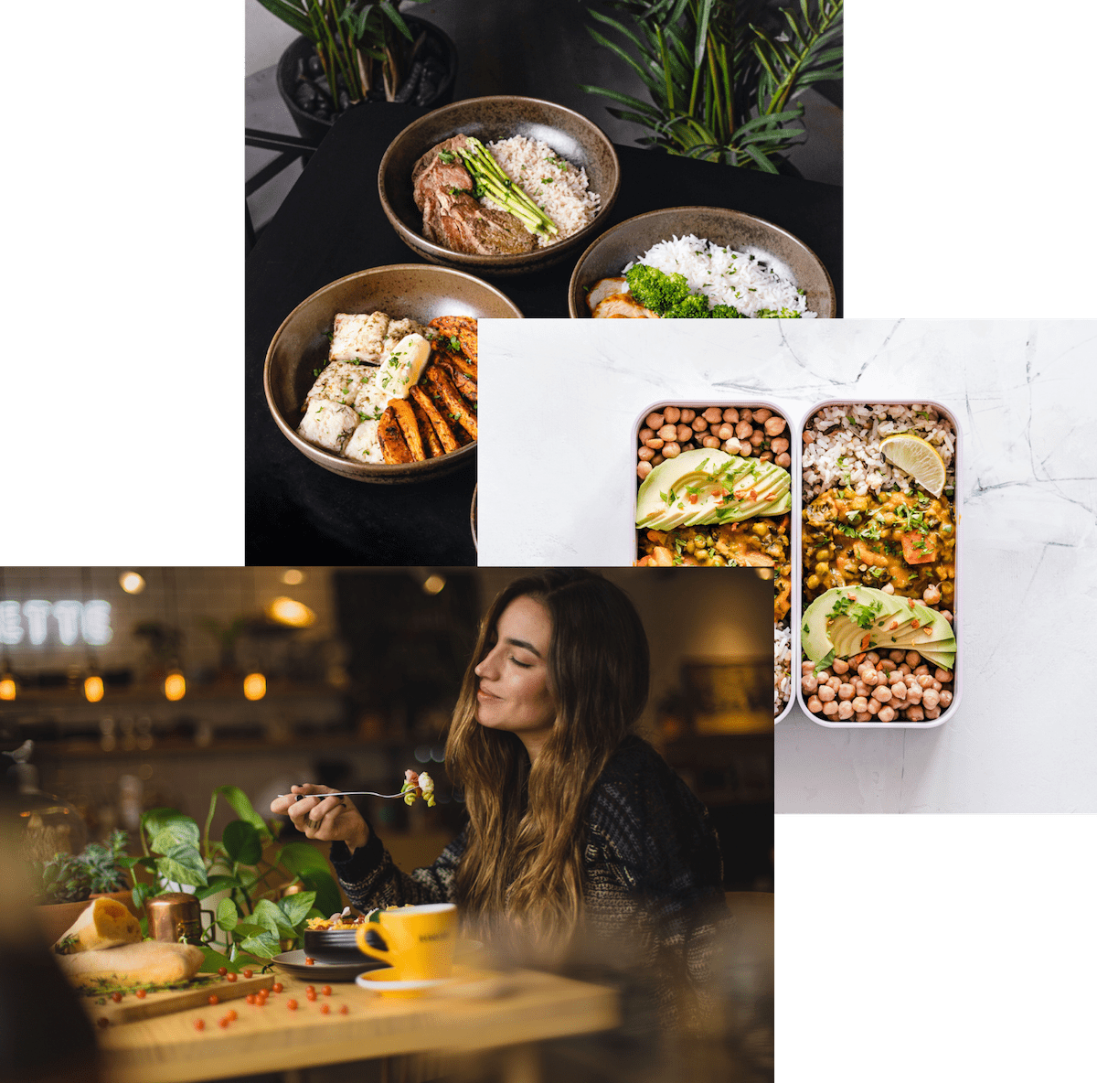 Woman ejoying food, meals in storage containers and food bowls on a table.